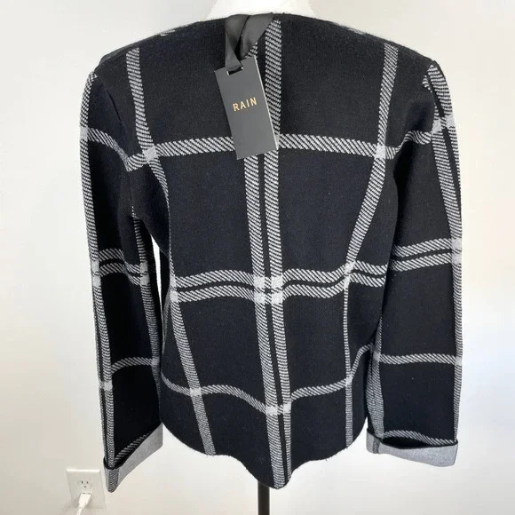 Rain Windowpane Open Front Sweater Jacket In Black Gray Size Small New - Picture 6 of 10